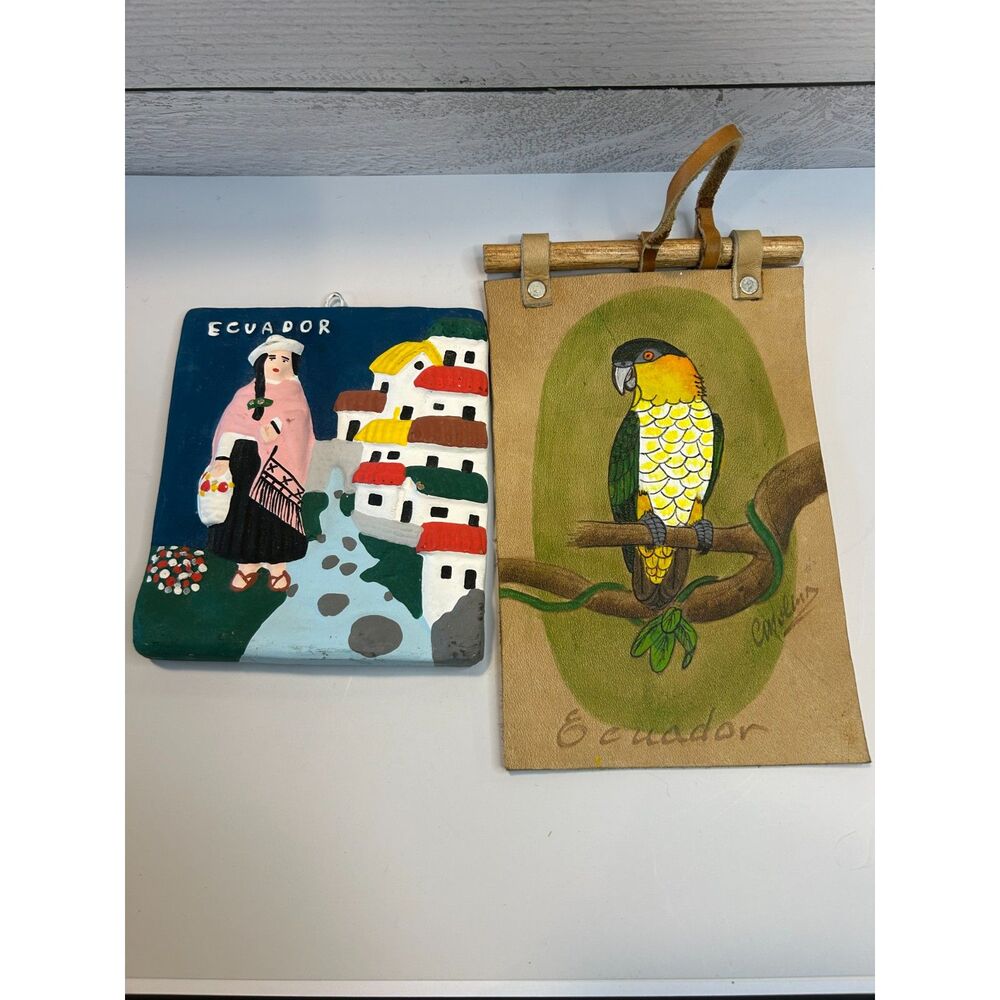 Ecuador Folk Art Wall Hanging Lot 2 Hand Painted Parrot Woman Leather Pottery